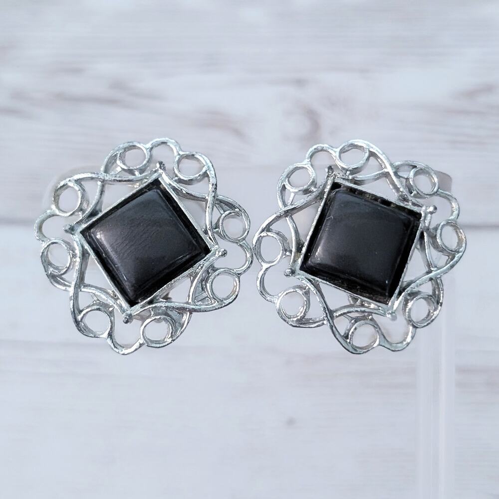 Vintage Clip On Earrings Silver Tone, Black - Damaged - Repair Needed